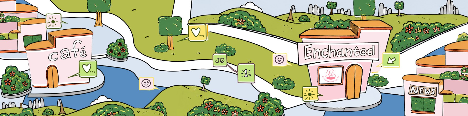 Illustrated Enchanted neighborhood with a café, the Enchanted shop and a news stand
