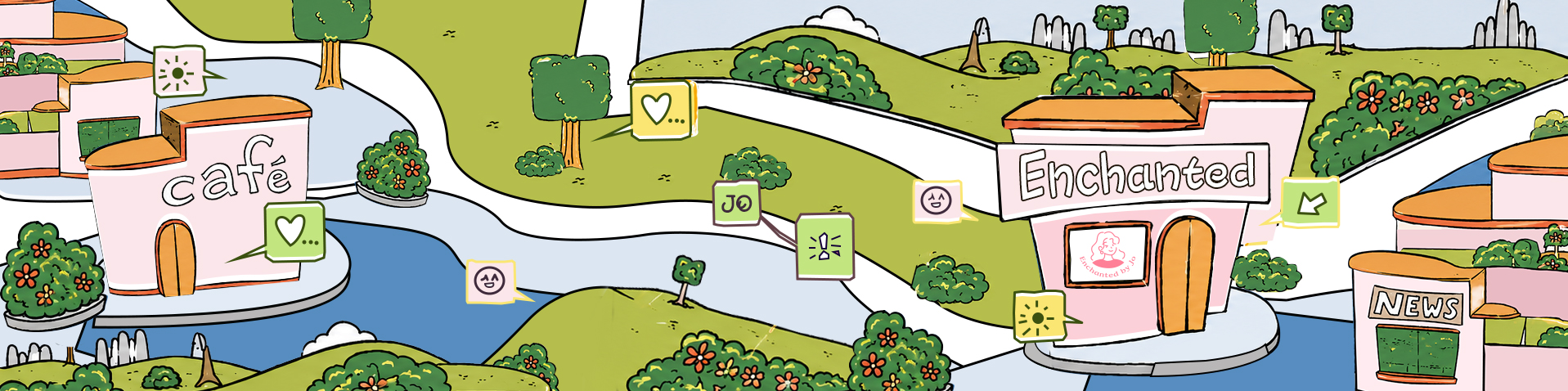 Illustrated Enchanted by Jo neighborhood with a café, Enchanted shop, news stand, gardens, and pathways.
